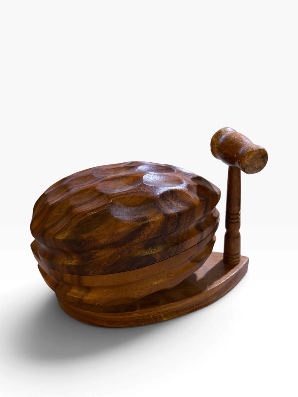 MCM Vintage Hand Carved Monkey Pod Wood Walnut Nut Bowl Set with Mallet
